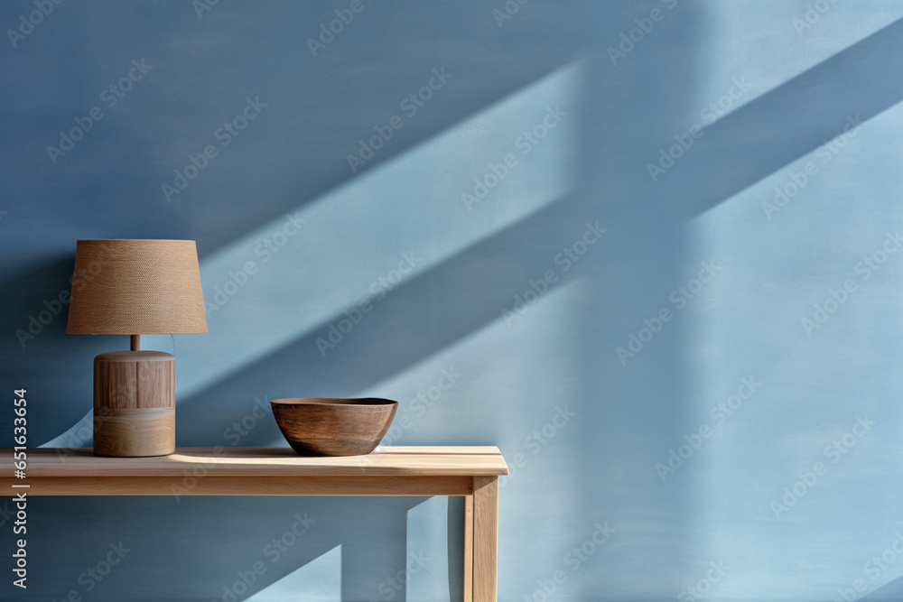 Poster a wooden console table near a window in empty room with wallmounted