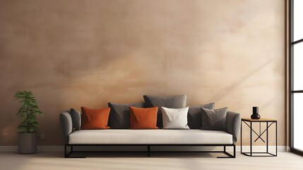 Industrial home interior design of modern living room. Corner sofa with terra cotta pillows against grid window near beige venetian stucco wall. Generate AI - obrazy, fototapety, plakaty