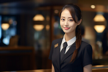 Fototapeta premium beautiful asian female hotel receptionist standing in front of the hotel reception counter