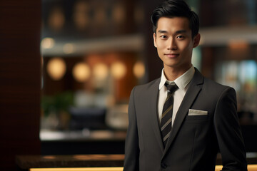 asian male hotel receptionist standing in front of the hotel reception counter
