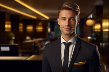 male hotel receptionist standing in front of the hotel reception counter - obrazy, fototapety, plakaty