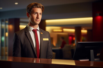 male hotel receptionist standing in front of the hotel reception counter