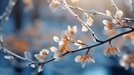 Close-up of snowflakes falling on cherry tree blossoms during the spring season