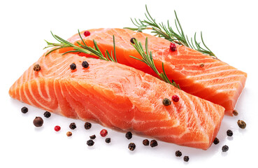 Salmon, fresh salmon fillet slices with herbs isolated on white background.