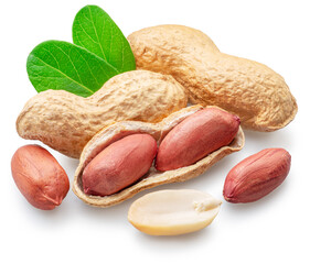 Peanut or groundnut whole and cracked on white background. Clipping path.