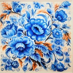 Gordijnen retro vintage ornate ornament tile glazed portuguese mosaic pattern floral blue square art © Wiktoria