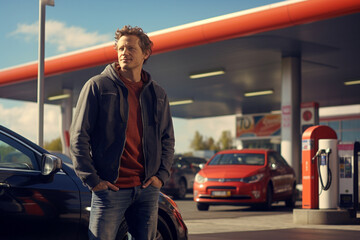 Smiling man with car standing in gas station - obrazy, fototapety, plakaty