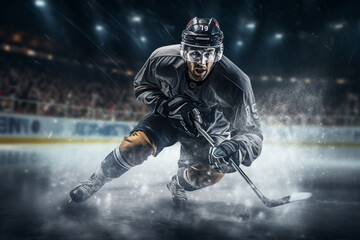 Hockey player is playing hockey in the stadium