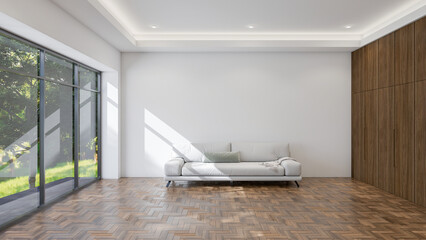 Fototapeta na wymiar apartment interior design Living room, empty space contemporary minimalist modern style. empty space White walls, parquet floors, sofa, natural light. 3D rendering