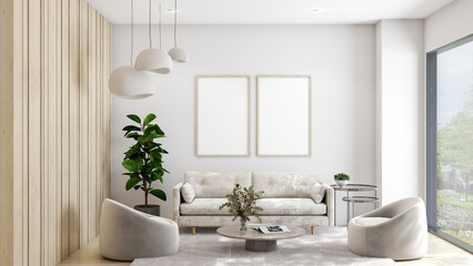 Mockup a poster picture frame in Interior living room, sofa, pillows, rug, lamp, cabinet, window, and natural light is perfect for any living room design. modern minimalist style. 3D render