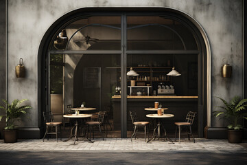 a dark black restaurant with a circular arched entrance