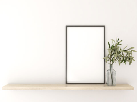 Mockup a poster picture frame in Interior living room design, modern minimalist style. wooden shelves, flower vases. white walls. 3D render