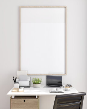 Mockup poster picture frame in Interior living room design, modern minimalist style. Work desk, notebook computer, vase, pencil, notebook, white wall. 3D render