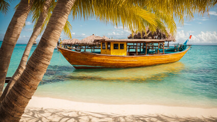 Boat on the seashore, palm trees
