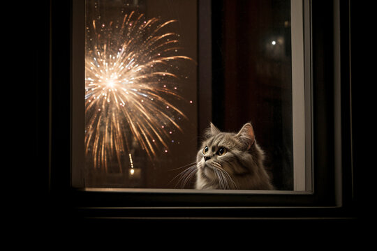 Domestic cat watching fireworks through window. 
