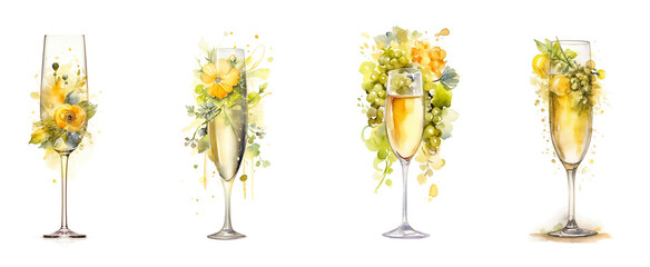 Watercolor illustration of yellow champagne flute glasses and flowers - obrazy, fototapety, plakaty