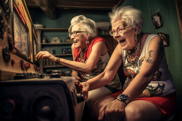Fototapeta na wymiar Mature women playing happily video games in old appartment