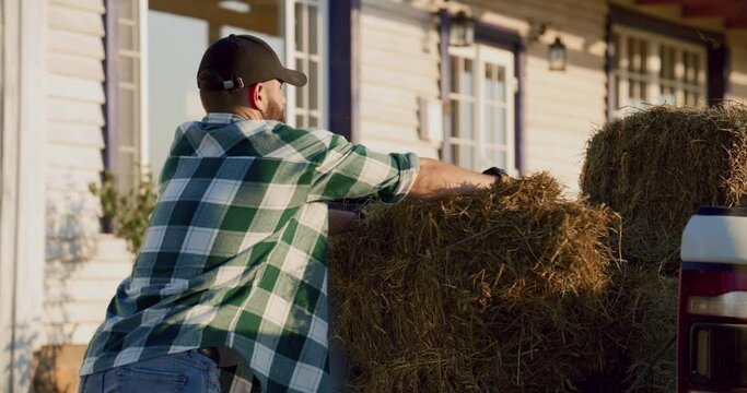 Portrait of Caucasian male farmer loading hay bays into the pickup bed