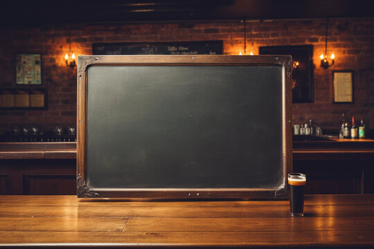 Traditional irish pub interior with empty vintage blackboard