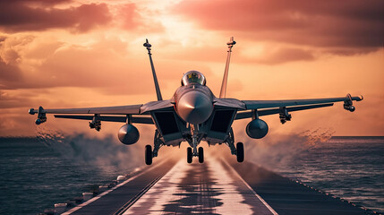 A fighter jets are taking off from an aircraft carrier in the ocean. Fighter jet fighter. Generative Ai. - Powered by Adobe