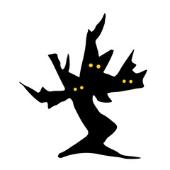 Vector black terrible dry tree silhouette with yellow eyes icon. Halloween doodle illustration.