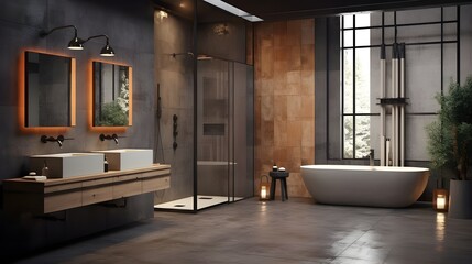 Industrial style interior design of modern bathroom with concrete wall. Generate AI