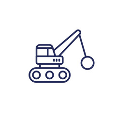 Demolition machine line icon with wrecking ball