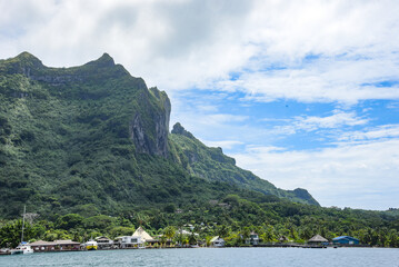 Landscape view to island of Bora Bora, South Pacific island northwest of Tahiti in French Polynesia