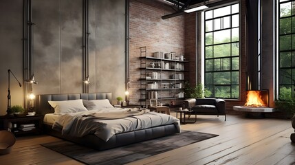 Industrial style interior design of modern bedroom. Generate AI