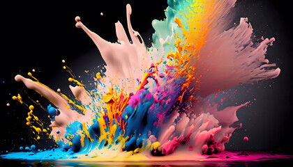 Abstract Color Symphony: Vibrant Paint Splatters on Black Canvas