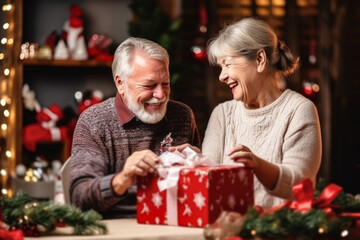 An elderly couple, a man and a woman, are packing gifts for their family. Christmas atmosphere of happiness. Copy space. Website images
