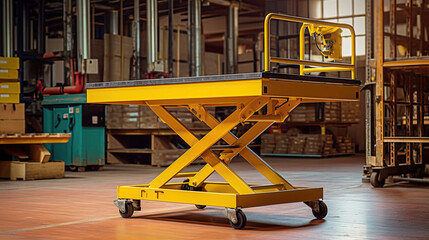 A medium sized hydraulic lift table being used in a warehouse..Generative Ai