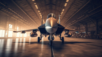 A military fighter jet aircraft parked in military hangar at the base airforce for military mission. Generative Ai - obrazy, fototapety, plakaty