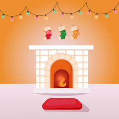 fireplace with christmas gifts socks and garland - christmas atmosphere vector illustration