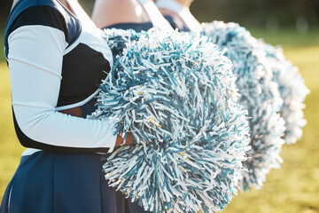 Cheerleader team, sports and hands with pompom for dance, performance and motivation for game....