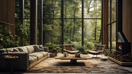 Scandinavian Woodland Sanctuary Surrounded by forest views, this room incorporates natural wood, botanical prints, and earthy tones for a tranquil retreat