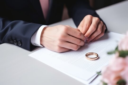 Hands of husband signing divorce papers, canceling marriage