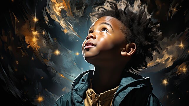 Child observing the universe with enthusiasm and curiosity. Generative AI