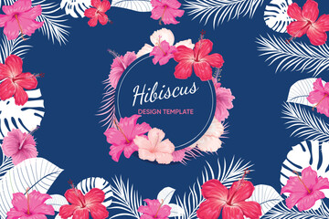 Obraz premium Tropical design template banner. Red, pink hibiscus flowers with palm leaves. Best for party invitations, greeting card designs and flyers. Vector illustration.