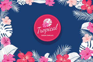 Tropical design template banner. Red, pink hibiscus flowers with palm leaves. Best for party invitations, greeting card designs and flyers. Vector illustration.