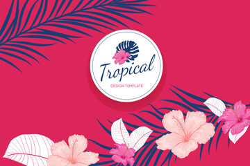 Tropical design template banner. Red, pink hibiscus flowers with palm leaves. Best for party invitations, greeting card designs and flyers. Vector illustration.