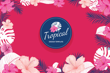 Tropical design template banner. Red, pink hibiscus flowers with palm leaves. Best for party invitations, greeting card designs and flyers. Vector illustration.