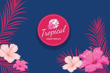 Tropical design template banner. Red, pink hibiscus flowers with palm leaves. Best for party invitations, greeting card designs and flyers. Vector illustration.