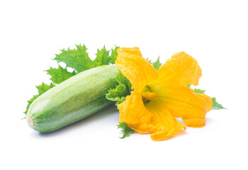 fresh zucchini fruits with green leaves and flower isolated on white background - 651641822