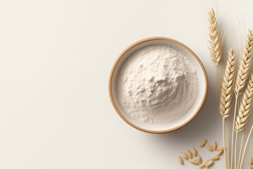 Wheat flour in wooden bowl and ears isolated on white - obrazy, fototapety, plakaty