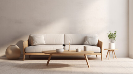 Sofa and Coffee Table Against the far wall, there's a sleek, light gray Scandinavian-style sofa with clean lines and wooden legs In front of it sits a low, oval-shaped coffee table made of light oak - obrazy, fototapety, plakaty