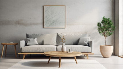 Sofa and Coffee Table Against the far wall, there's a sleek, light gray Scandinavian-style sofa with clean lines and wooden legs In front of it sits a low, oval-shaped coffee table made of light oak