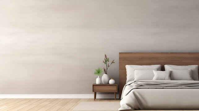 Minimal bedroom wall mock up with wooden side table. 3d rendering bedroom illustration. Generative AI