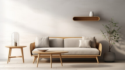 Sofa and Coffee Table Against the far wall, there's a sleek, light gray Scandinavian-style sofa with clean lines and wooden legs In front of it sits a low, oval-shaped coffee table made of light oak - obrazy, fototapety, plakaty