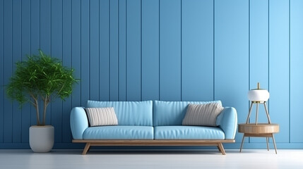 Modern cozy living room and blue wall texture background. Generative AI